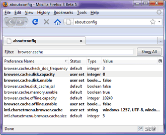 Firefox internal caching settings